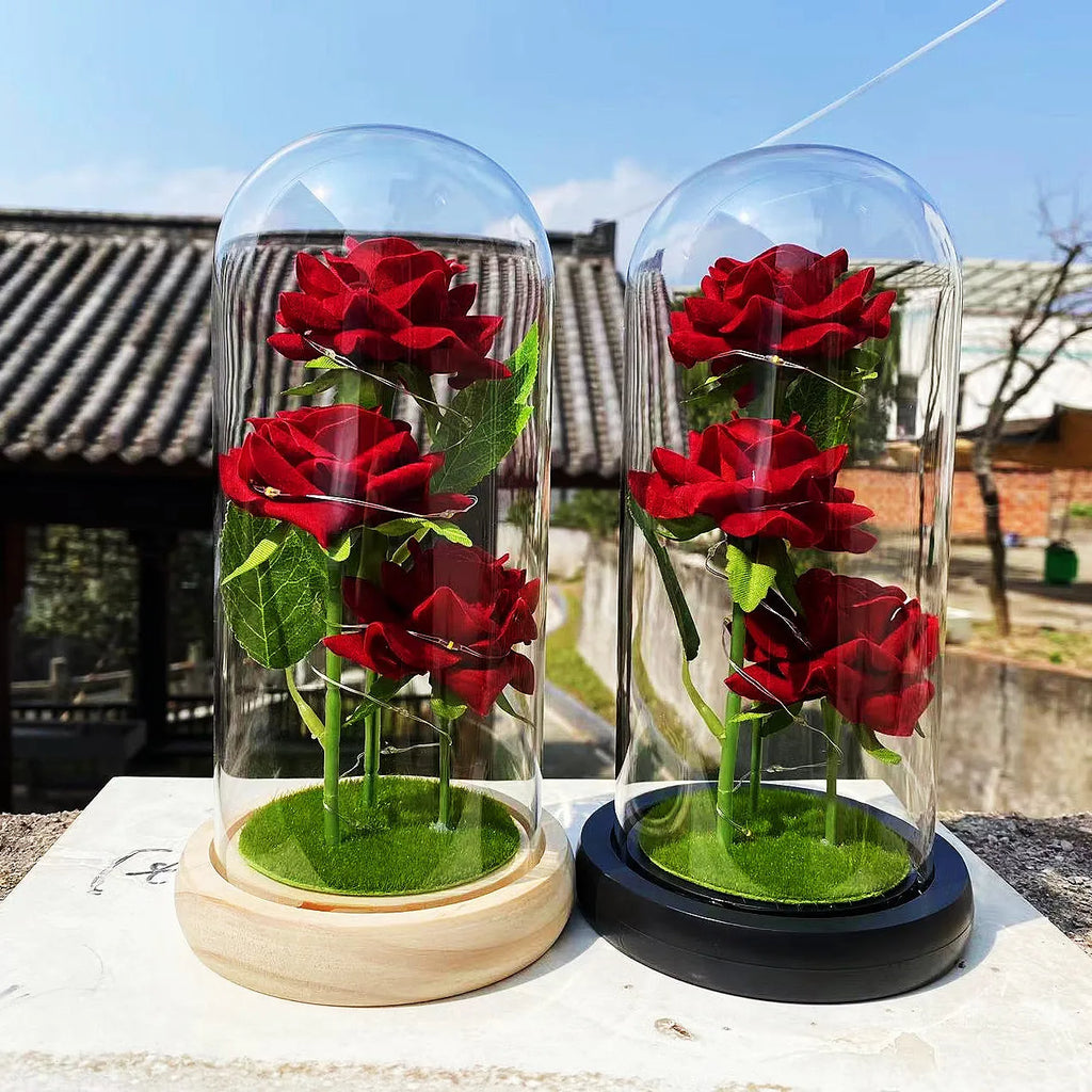 LED Galaxy Three Rose Artificial Flowers Wedding Decor Creative Valentine's Mother's Day Gift Dome Rose Valentines Ornament