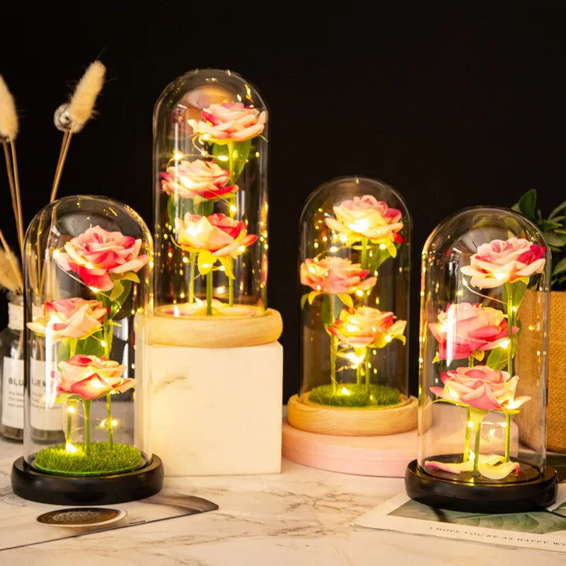 LED Galaxy Three Rose Artificial Flowers Wedding Decor Creative Valentine's Mother's Day Gift Dome Rose Valentines Ornament