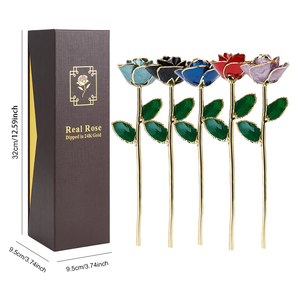24K Gold Dipped Real Rose Set 5Colors Teal Black Blue Red Purple with Luxury Gift Box Valentine's Day Anniversary Birthday Gifts