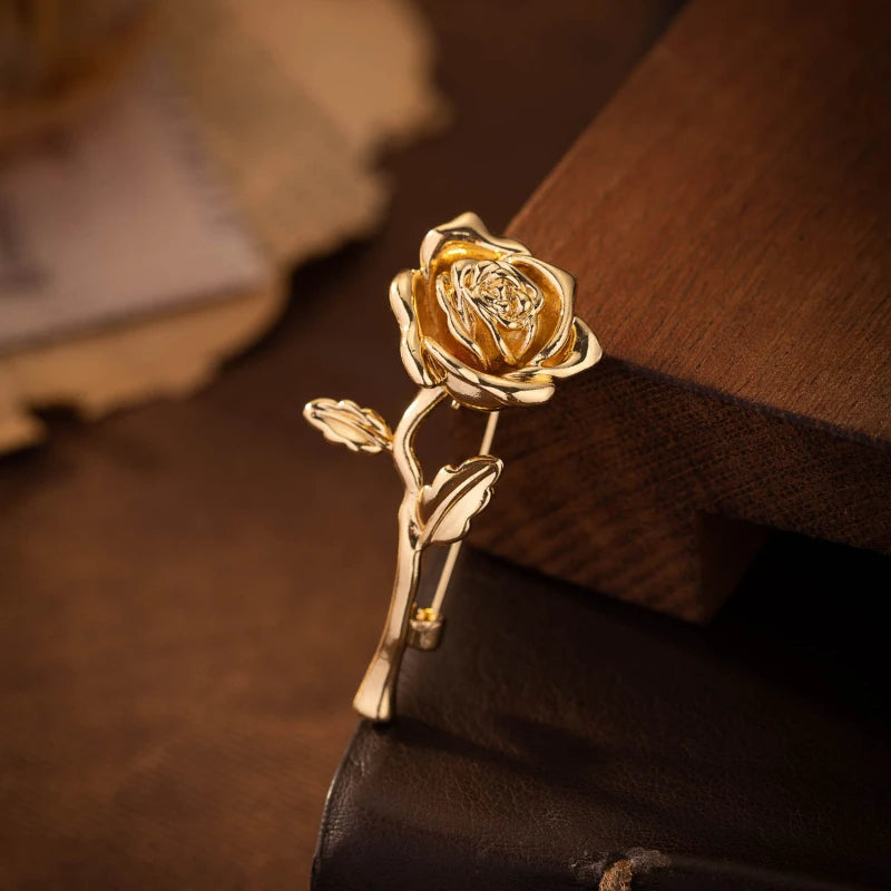 Luxury High-End Gold-Tone Rose Flower Brooch Pin for Women & Men - Elegant Suit Coat Badge Fashion Jewelry Lapel Accessory