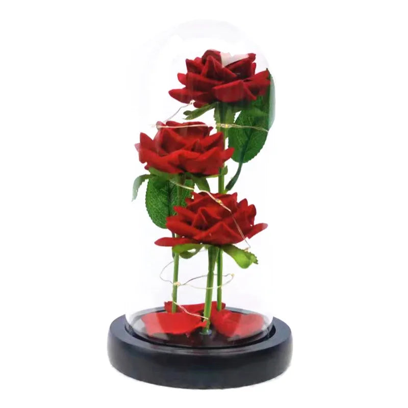 LED Galaxy Three Rose Artificial Flowers Wedding Decor Creative Valentine's Mother's Day Gift Dome Rose Valentines Ornament