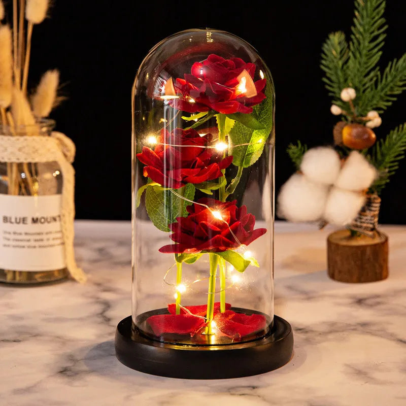 LED Galaxy Three Rose Artificial Flowers Wedding Decor Creative Valentine's Mother's Day Gift Dome Rose Valentines Ornament