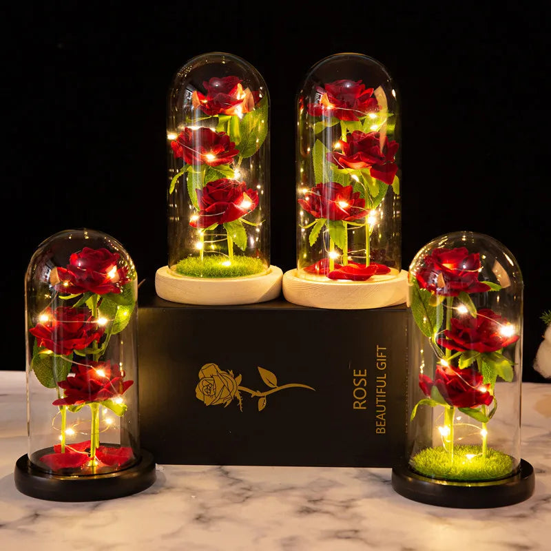 LED Galaxy Three Rose Artificial Flowers Wedding Decor Creative Valentine's Mother's Day Gift Dome Rose Valentines Ornament