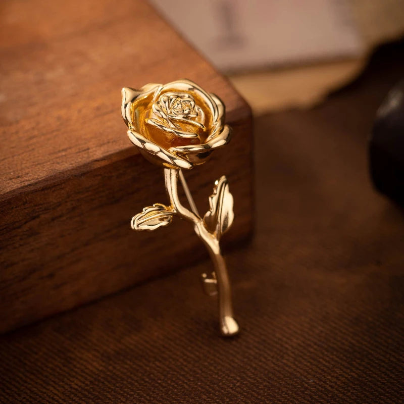 Luxury High-End Gold-Tone Rose Flower Brooch Pin for Women & Men - Elegant Suit Coat Badge Fashion Jewelry Lapel Accessory